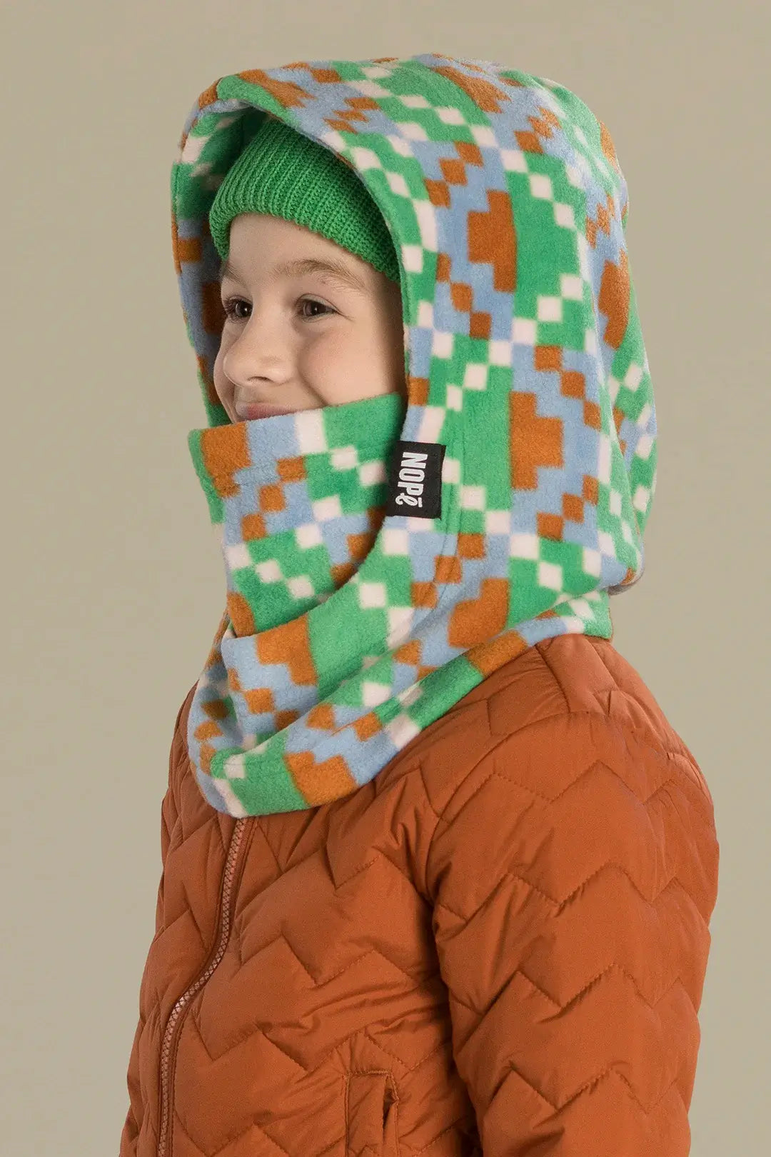 capuche pour enfant nopé de couleur minecraft avec beanie vert pelouse