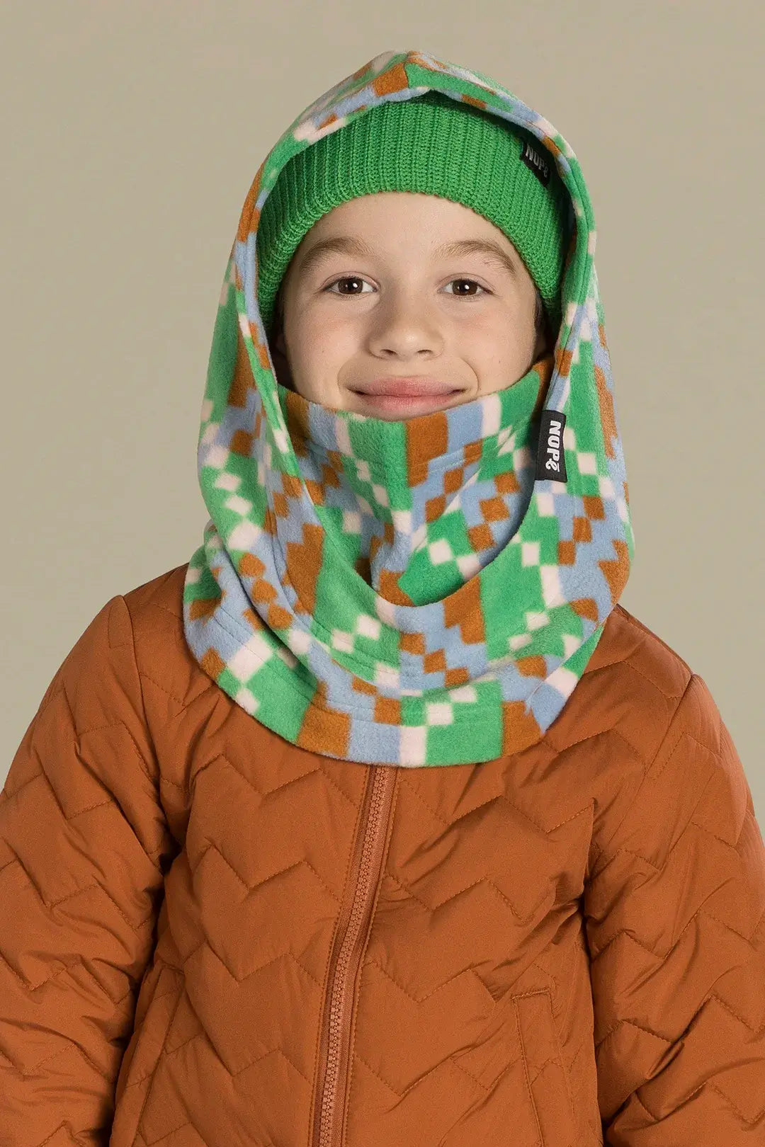 capuche pour enfant nopé de couleur minecraft avec beanie vert pelouse